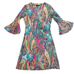 Tommy Hilfiger Round Neck Printed Bell Sleeve Dress Women's Size 2 Paisley New